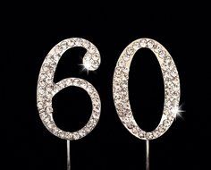 60th Birthday / Wedding Anniversary Number Cake Topper with Sparkling Rhinestone Crystals - 1.75