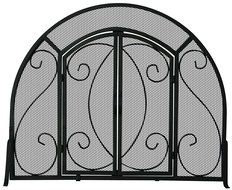 UniFlame Single Panel Black Wrought Iron Ornate Screen with Doors