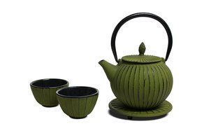 Miya Tokusa Round 28-Ounce Cast Iron Teapot and Teacup Set w/ Strainer and Trivet, Green