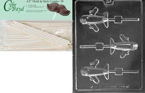 Cybrtrayd 45St50-K153 Airplane Lolly Kids Chocolate Candy Mold with 50 Cybrtrayd 4.5-Inch Lollipop Sticks