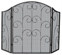 Three Panel Black Iron Fireplace Screen With Scrolled Detail