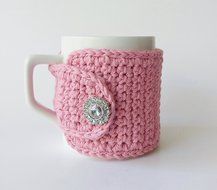 Cotton Coffee Cup Cozy Pink Bling Button