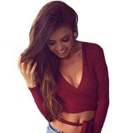 Tops,Morecome Fashion Women Long Sleeve Bandage Crop Tops Shirt (S, Gray) N3