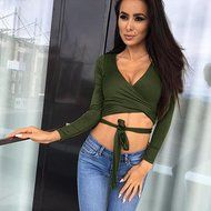 Tops,Morecome Fashion Women Long Sleeve Bandage Crop Tops Shirt (S, Gray) N5