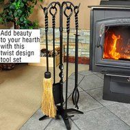 WoodEze FTKB05685TA 5 Piece Black Wrought Iron Fireplace Tool Set with Twist Design N6