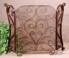 50&quot; Mocha Brown Forged Metal Hinged Fireplace Screen with Intricate Scrollwork