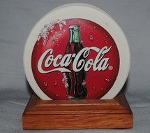 Coca-Cola Brand Stoneware Coasters Set Of 4 In Wooden Base. Includes (1) each of 'Fanta', 'TAB', 'Coke and 'Sprite'