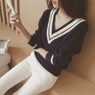 Spritech(TM) Fashion Korea Women's V-Neck Long Sleeve Knite Loose Fit Pullover Sweater White N2