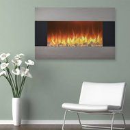 Black Glass with 36&quot; Stainless Electric Fireplace with Wall Mount and Floor Stand