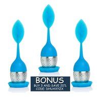 TEA DUNKERS Silicone Leaf Handle and Drip Tray Loose Leaf Long Handled Tea Infuser Strainers BLUE N2