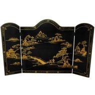 Oriental Furniture Lacquer Fireplace Screen - Gold Leaf Birds and Flowers