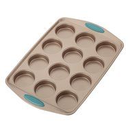Rachael Ray Cucina Bakeware 12-Cup Muffin Pan, Latte Brown, Agave Blue Handle Grips