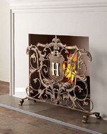 MutterMui Vintage French Tuscan Fleur De Lis Monogram Shield Acanthus Leaf Fireplace Fire Screen