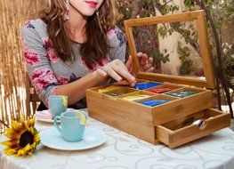 Tea Box Organizer Natural Bamboo Elegant Tea Chest With 8 Storage Compartments and Slide Out Drawer For All Tea...