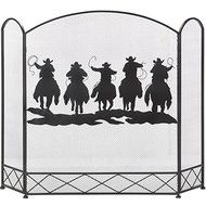 Country Western Cowboys and Horses Mesh Fireplace Tri-fold Screen (Iron and Metal) N2