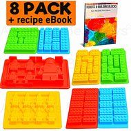 Americas Best Buys 8-Pack Silicone Candy Molds and Ice Mold for Lego Lovers with Recipe eBook