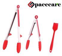 SPACECARE Kitchen Cooking Stainless Steel Tongs with Red Silicone Tips (9 Inch and 12 Inch) and Grill BBQ Sauce... N6