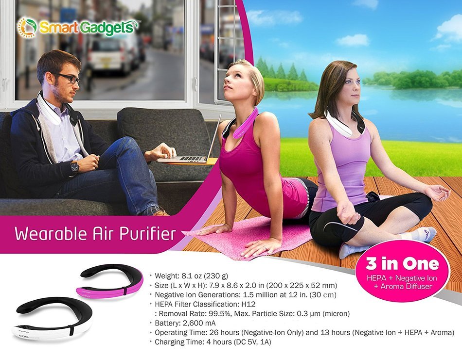 Smart Gadgets Co. 2017 Wearable Air Purifier (WAP) 3 in One (Negative Ion Generator, HEPA Filter, Aroma Diffuser... N2