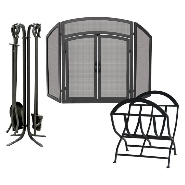 Uniflame Wrought Iron Fireplace Ensemble with Log Rack
