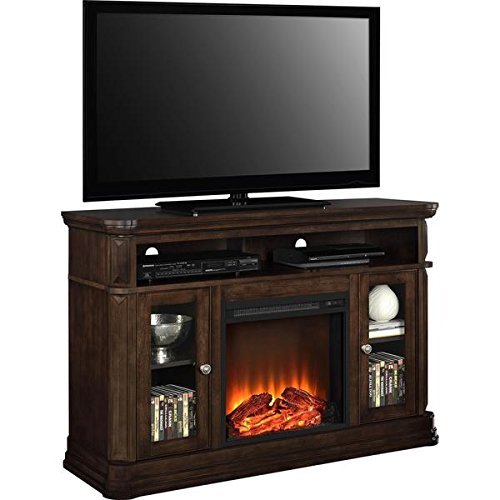 Wood Veneer Brooklyn Fireplace 50'' TV Console, LED Lights, 1400 Watts, 2 Glass Doors, Espresso N2