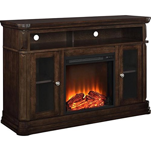 Wood Veneer Brooklyn Fireplace 50'' TV Console, LED Lights, 1400 Watts, 2 Glass Doors, Espresso N3