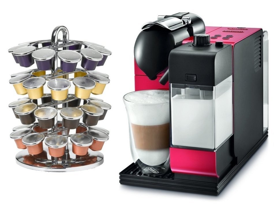 DeLonghi Lattissima Plus EN520R Red Nespresso Capsule Espresso and Cappuccino Machine with Bonus 40 Capsule Carousel