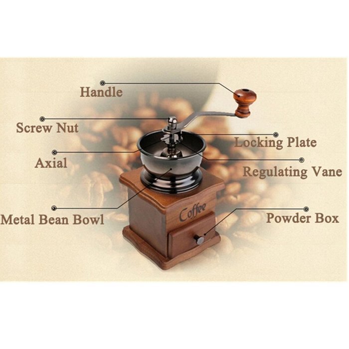 Manual Driven Coffee Bean Spice Herb Vintage Retro Hand Grinder Wooden Burr Mill