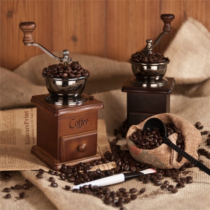 Manual Driven Coffee Bean Spice Herb Vintage Retro Hand Grinder Wooden Burr Mill N2