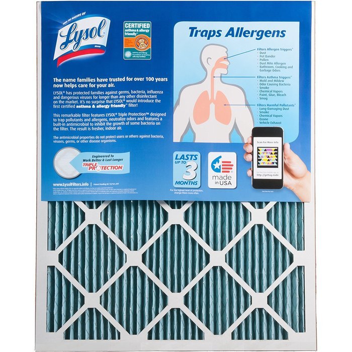 Lysol Triple Protection Furnace/AC Air Filter, 12" x 24" x 1", 2-Pack N79