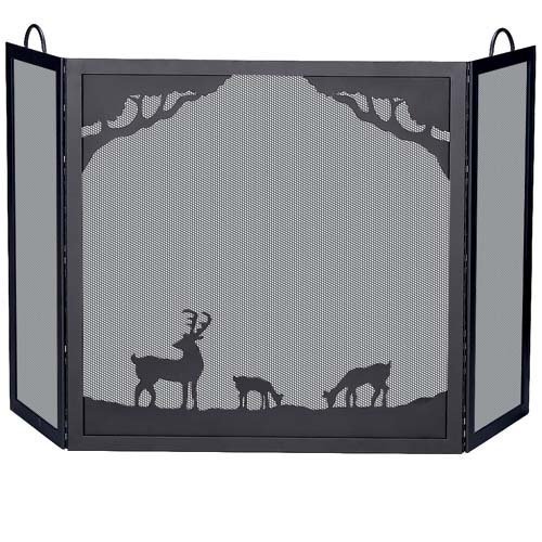 Uniflame S-1333 30" High Deluxe 3-Panel Black Wrought Iron Screen with Deer In F, Black Wrought Iron