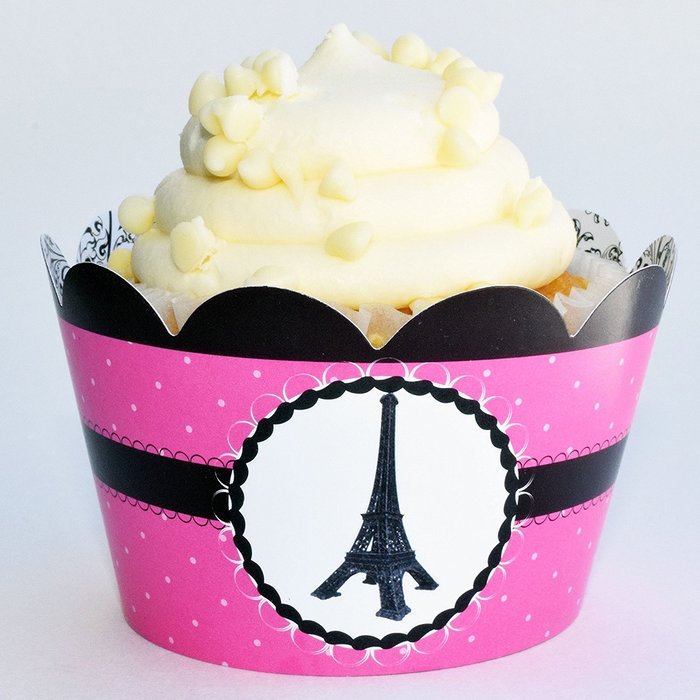 Paris Themed Cupcake Wrappers, Black and White Damask, Confetti Couture Party Supplies, 36 Wraps