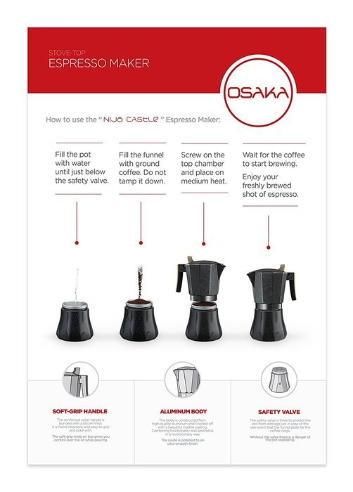 Osaka Stovetop Espresso Maker - Aluminum with Marbled Coating, Stove-Top Moka Pot "Nijo Castle" (6 Cup) N2
