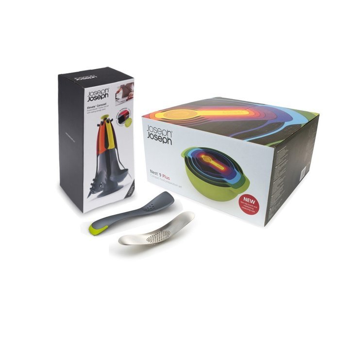 Joseph Joseph Best Sellers Set Includes Elevate Tool Set, mixing bowl set, Uni-Tool, and Rocker Garlic Crusher