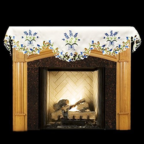 19" X 90" Wide Fireplace Mantel Scarf with Blue and White Blue Bonnets and Cut Work N2