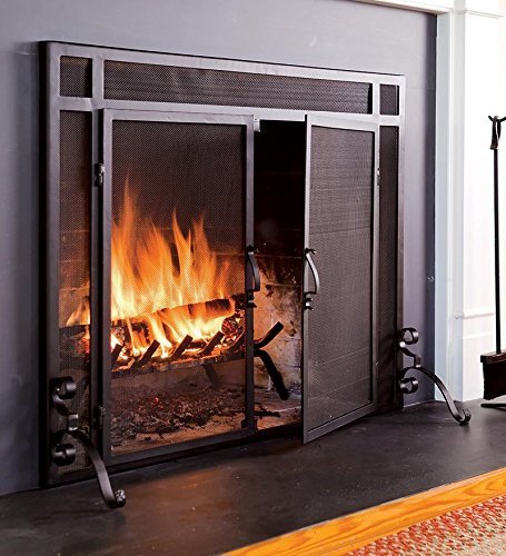 44"W x 33"H Solid Steel Flat Guard Fire Screen With Doors, in Black N3