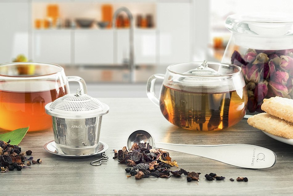Apace Living Loose Leaf Tea Stainless Steel Strainer (Set of 2) with Tea Scoop and Drip Trays, Medium
