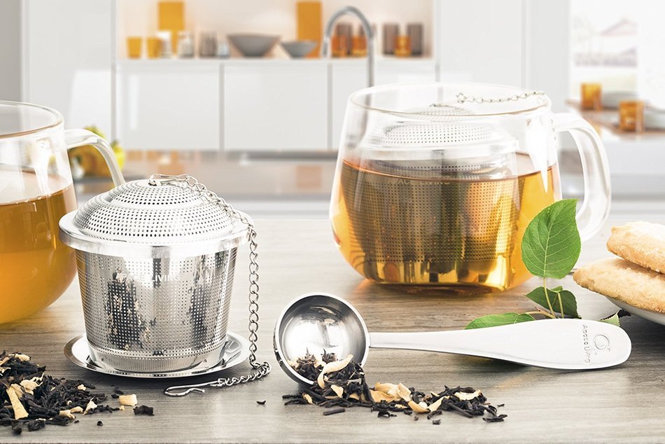 Apace Living Loose Leaf Tea Stainless Steel Strainer (Set of 2) with Tea Scoop and Drip Trays, Medium N3