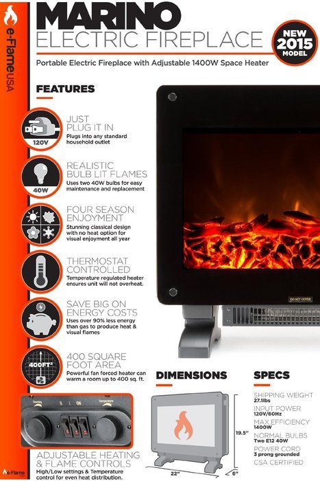 Marino Free Standing Electric Fireplace Stove - 19.5 Inch Black Portable Electric Fireplace with Realistic Fire... N5