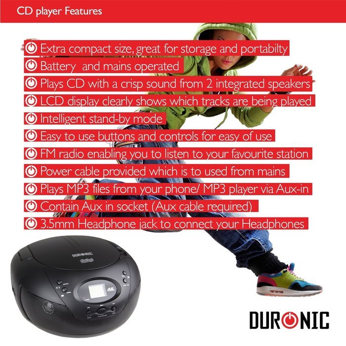 Duronic RCD008 Portable CD Boombox with AM/FM Radio - Connect & play from MP3 Player/Ipod/Iphone N2