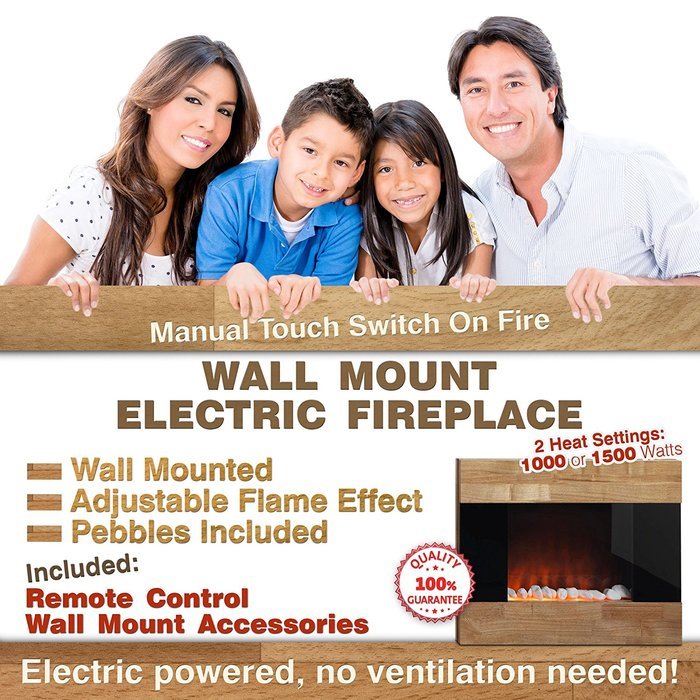 Electric Fireplace Wall Mount Space Heater Ventless Wall Mounted 750 Watt or 1500 Watt Wooden Front Finish Quartz... N2
