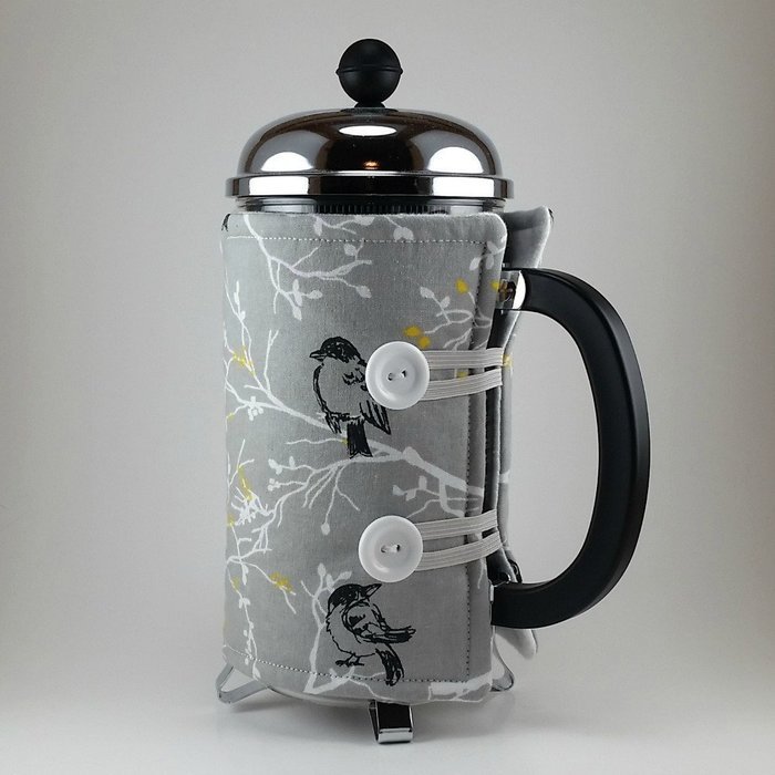 French Press Cozy Cover, 8 cup, Cafetiere Cosy Handmade Grey Bird Decor