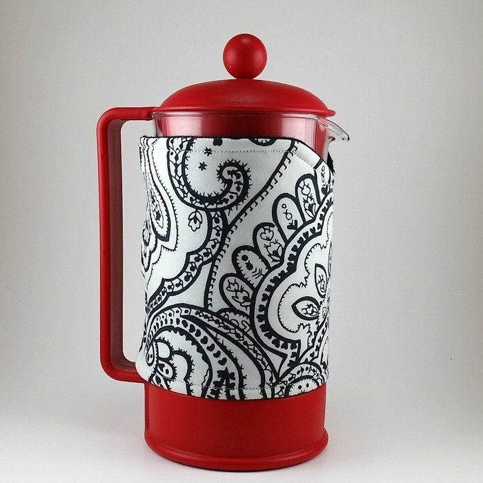 French Press Cozy, Cafetiere Cosy, 8 cup, Handmade, Black and White, Paisley