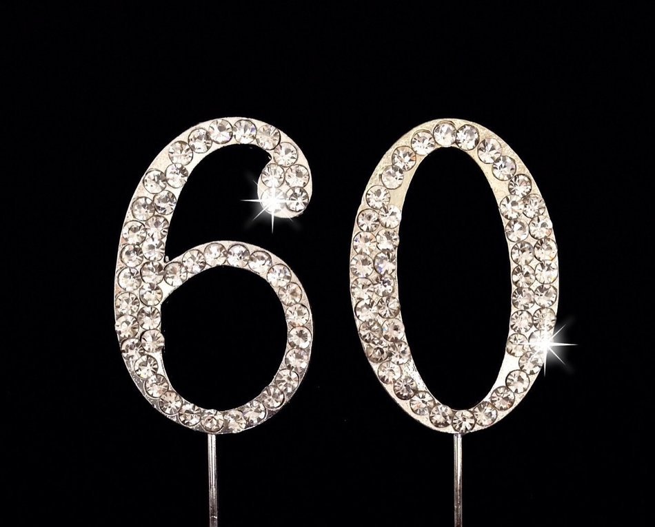 60th Birthday / Wedding Anniversary Number Cake Topper with Sparkling Rhinestone Crystals - 1.75