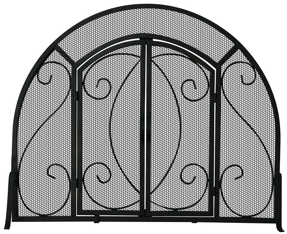 UniFlame Single Panel Black Wrought Iron Ornate Screen with Doors