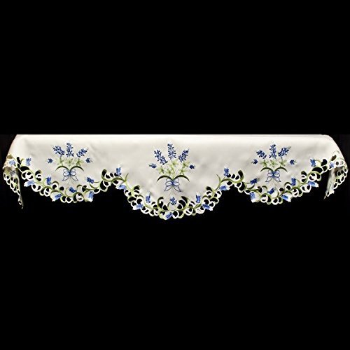 19" X 90" Wide Fireplace Mantel Scarf with Blue and White Blue Bonnets and Cut Work N3