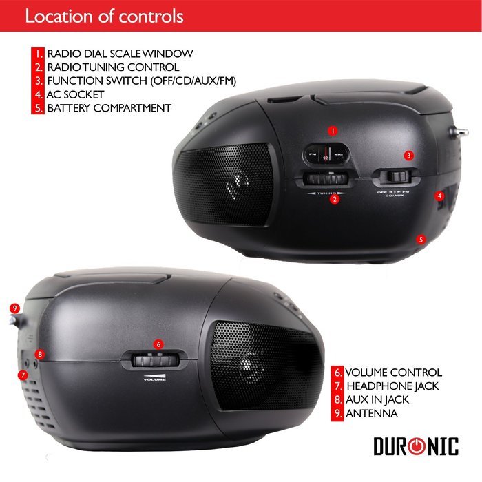 Duronic RCD008 Portable CD Boombox with AM/FM Radio - Connect & play from MP3 Player/Ipod/Iphone N3