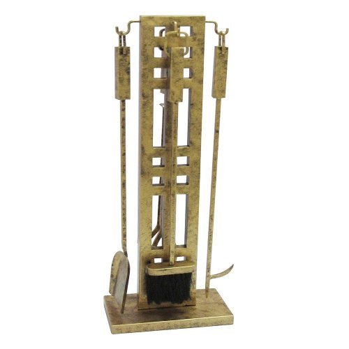 Antique Gold Pewter Finish Five Piece Steel Fireplace Tool Set with Heavy Duty Base for Stability