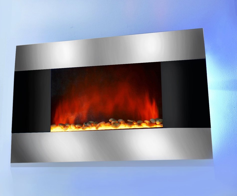 AKDY 36 inch Wall Mount Stainless Panel Electric Fireplace Space Heater With Pebbles/Remote And Floorstand AX510S-DPB N2