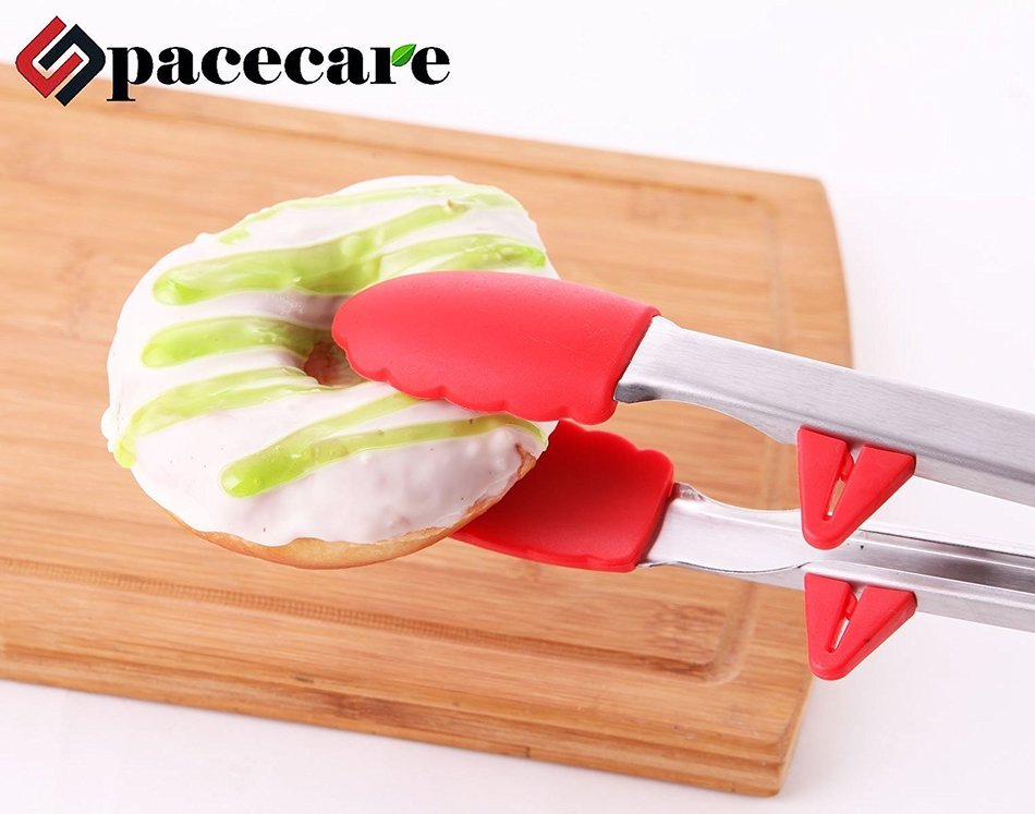 SPACECARE Kitchen Cooking Stainless Steel Tongs with Red Silicone Tips (9 Inch and 12 Inch) and Grill BBQ Sauce... N3