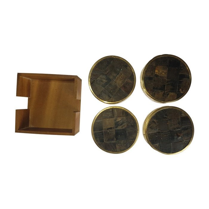 Rounded Pure Brass around Coasters & Water Buffalo Horn Inlay Coasters Unique Designer Handicraft Gift Set ( 4...